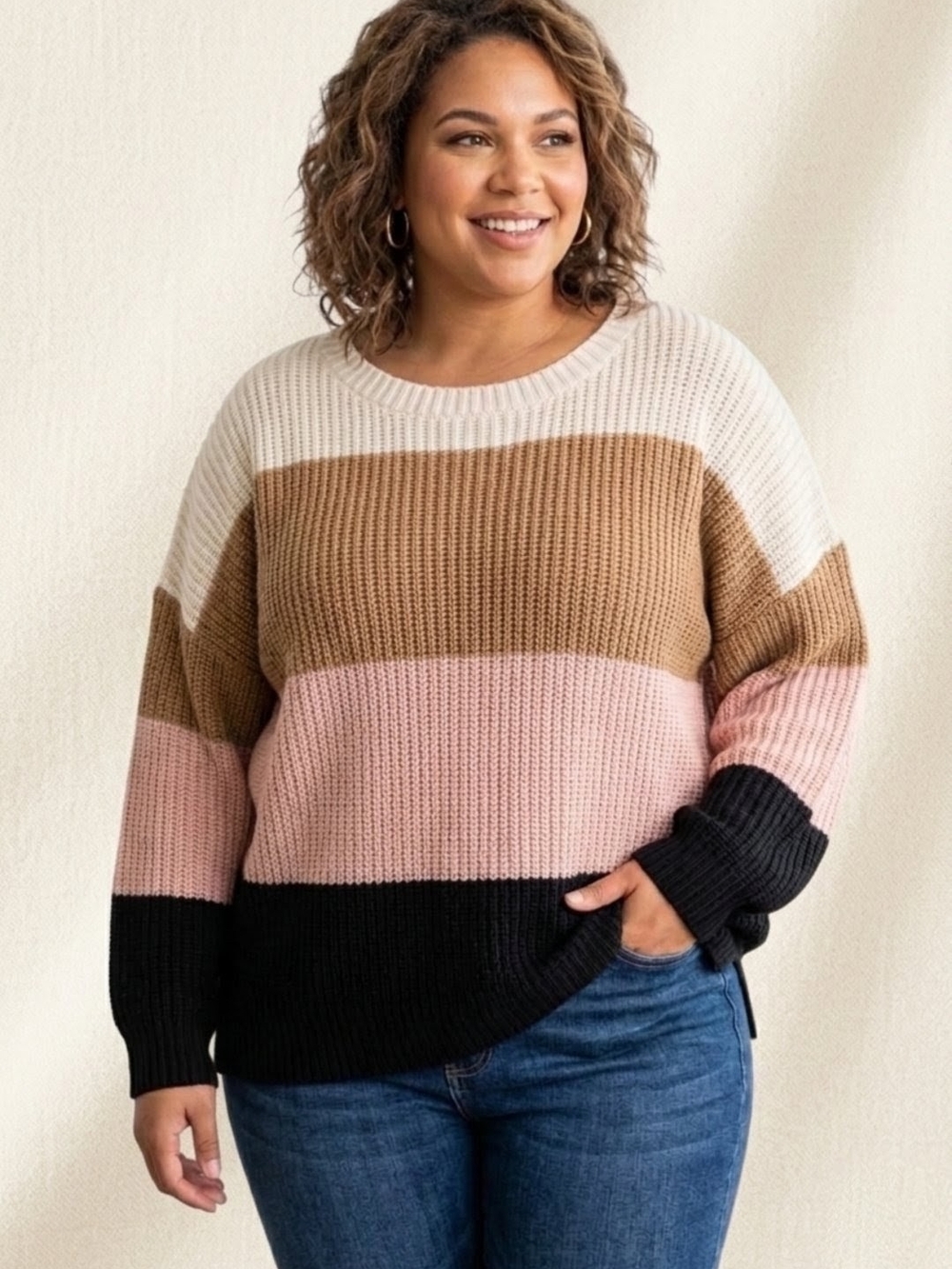 Warehouse One Green, Pink, Tan & Cream Colorblock Crewneck Sweater